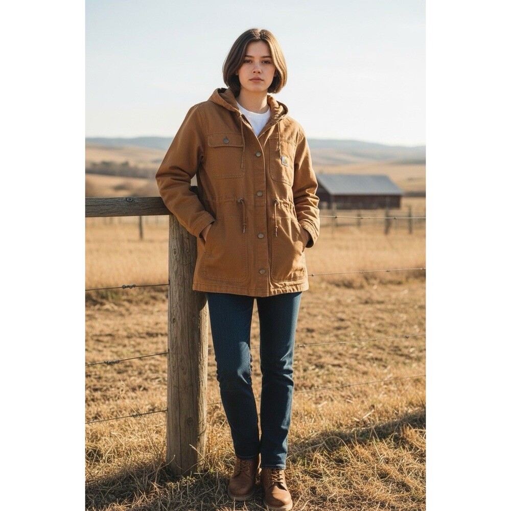 Carhartt hooded womens clay long duck drawstring waist casual jacket XL (16-18)